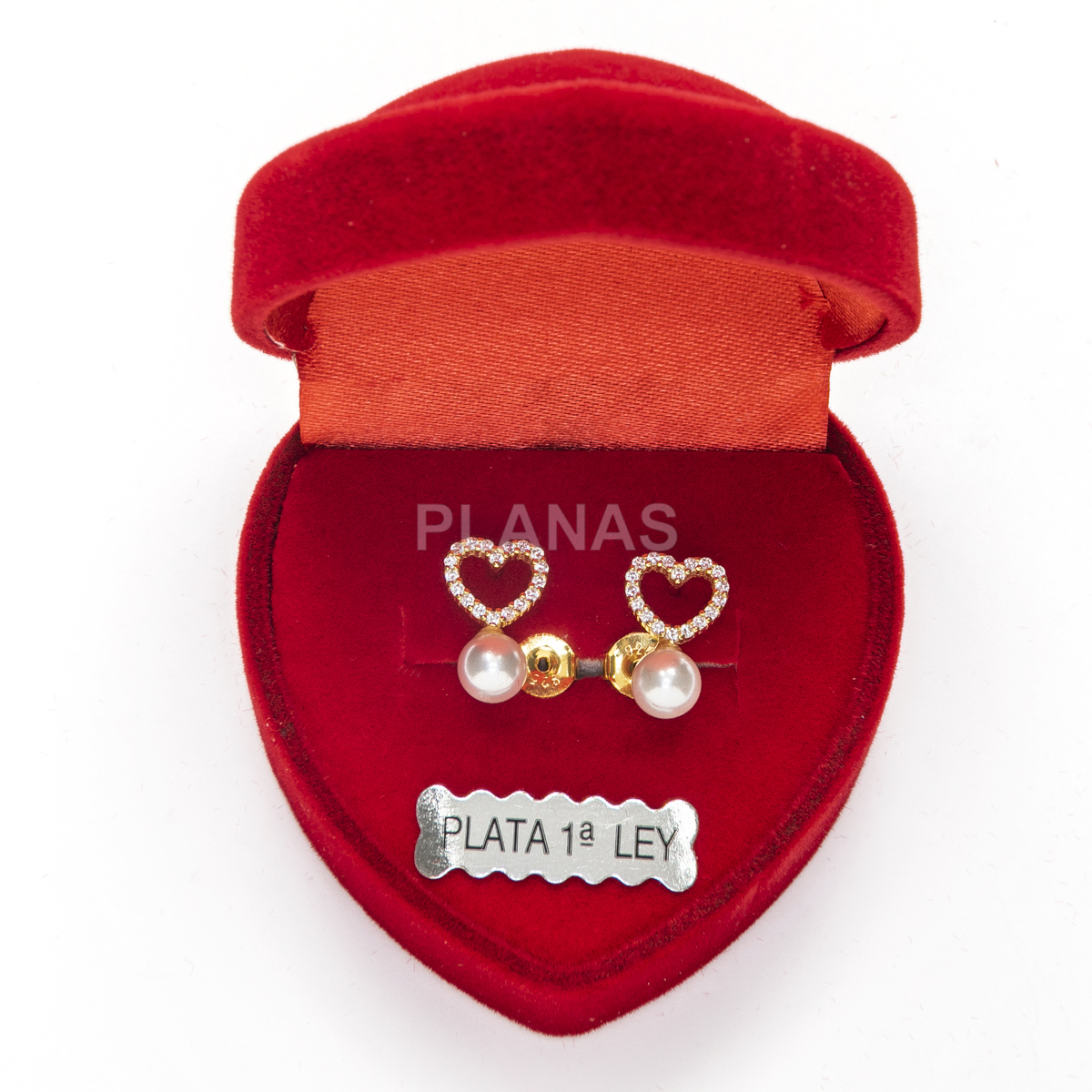 Pendientes en plata de ley y Baño Oro con Circonitas y Perla Shell. CORAZÓN.