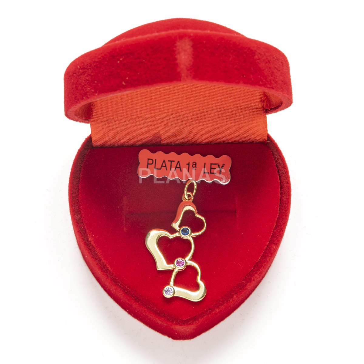 Colgante en Plata de Ley y Baño Oro con Circonitas. CORAZÓNES.  