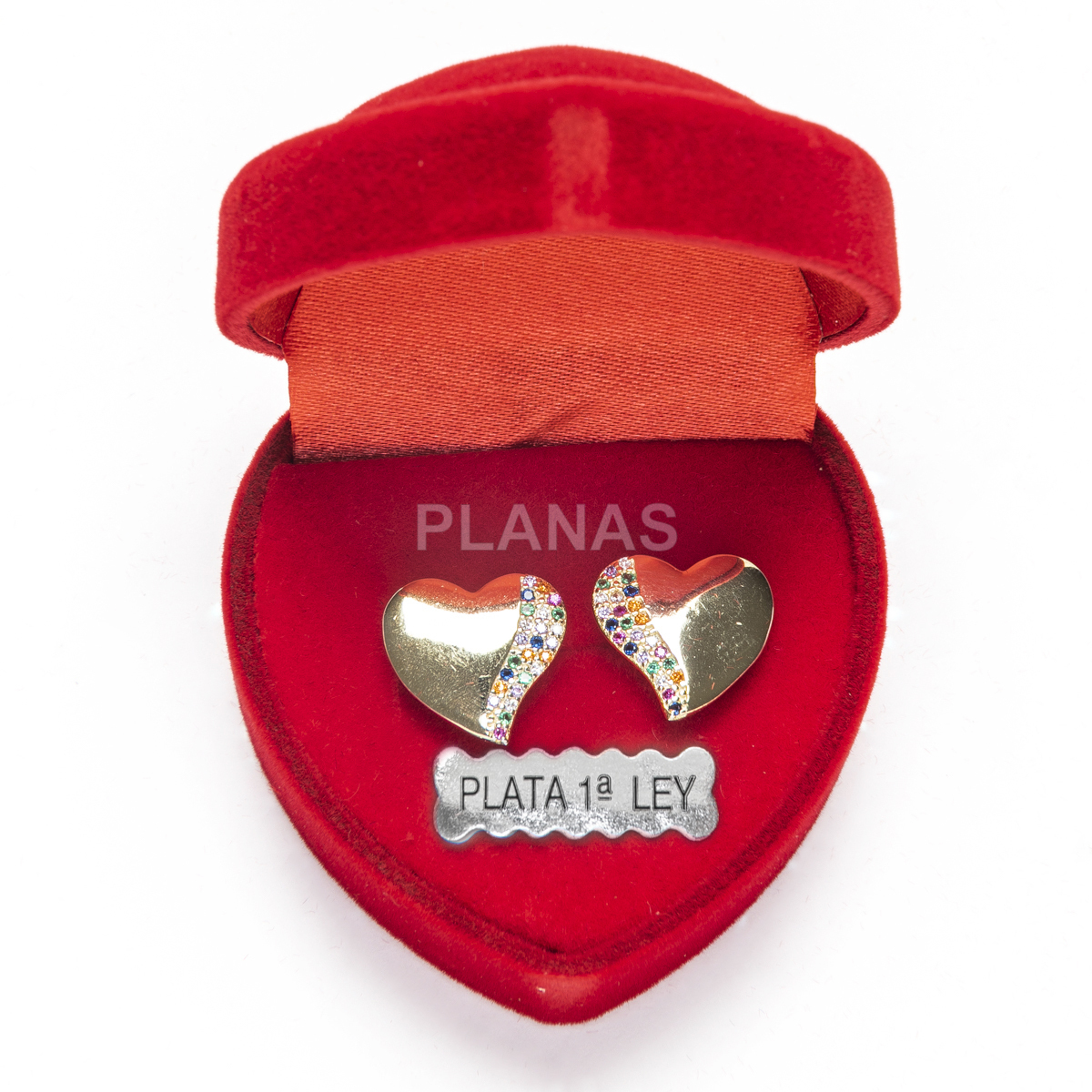 Pendientes en plata de ley y Baño Oro con Circonitas de colores. CORAZÓN.