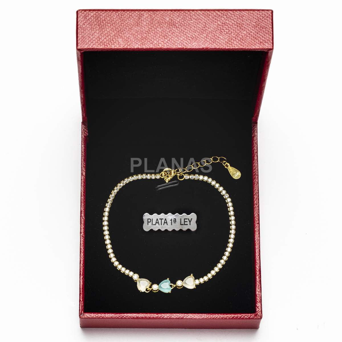Pulsera en Plata de Ley y Baño Oro con Circonitas de colores. CORAZÓNES.  