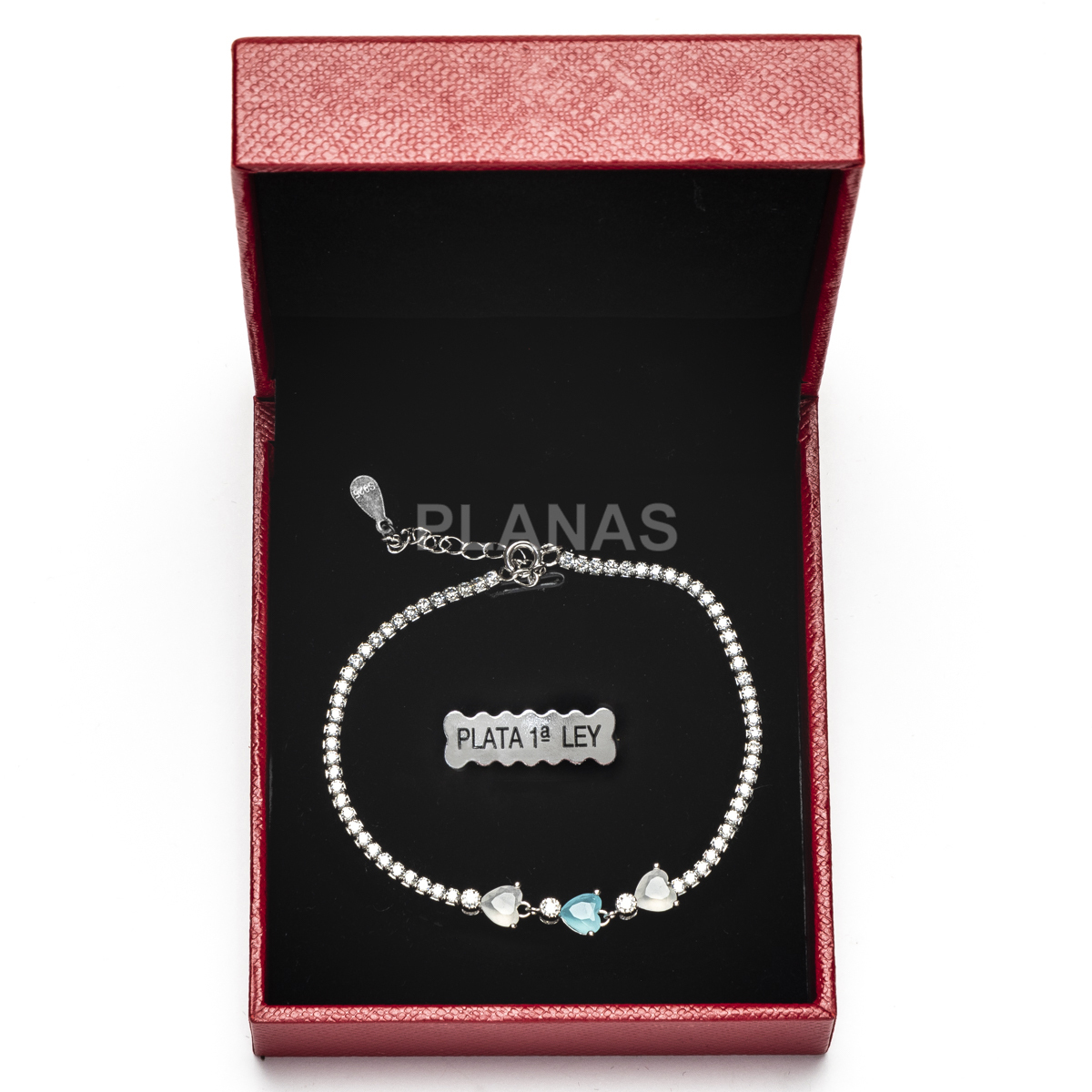 Pulsera en Plata de Ley Rodiada con Circonitas de colores. CORAZÓNES.  