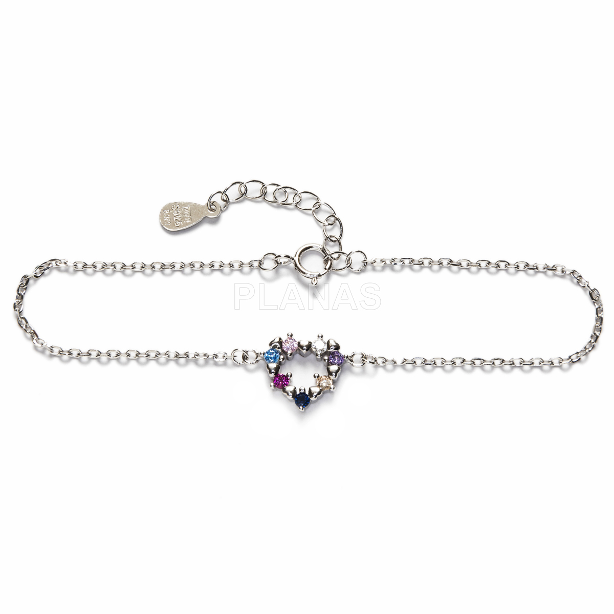 Pulsera en Plata de Ley con Circonitas de colores. CORAZÓN.