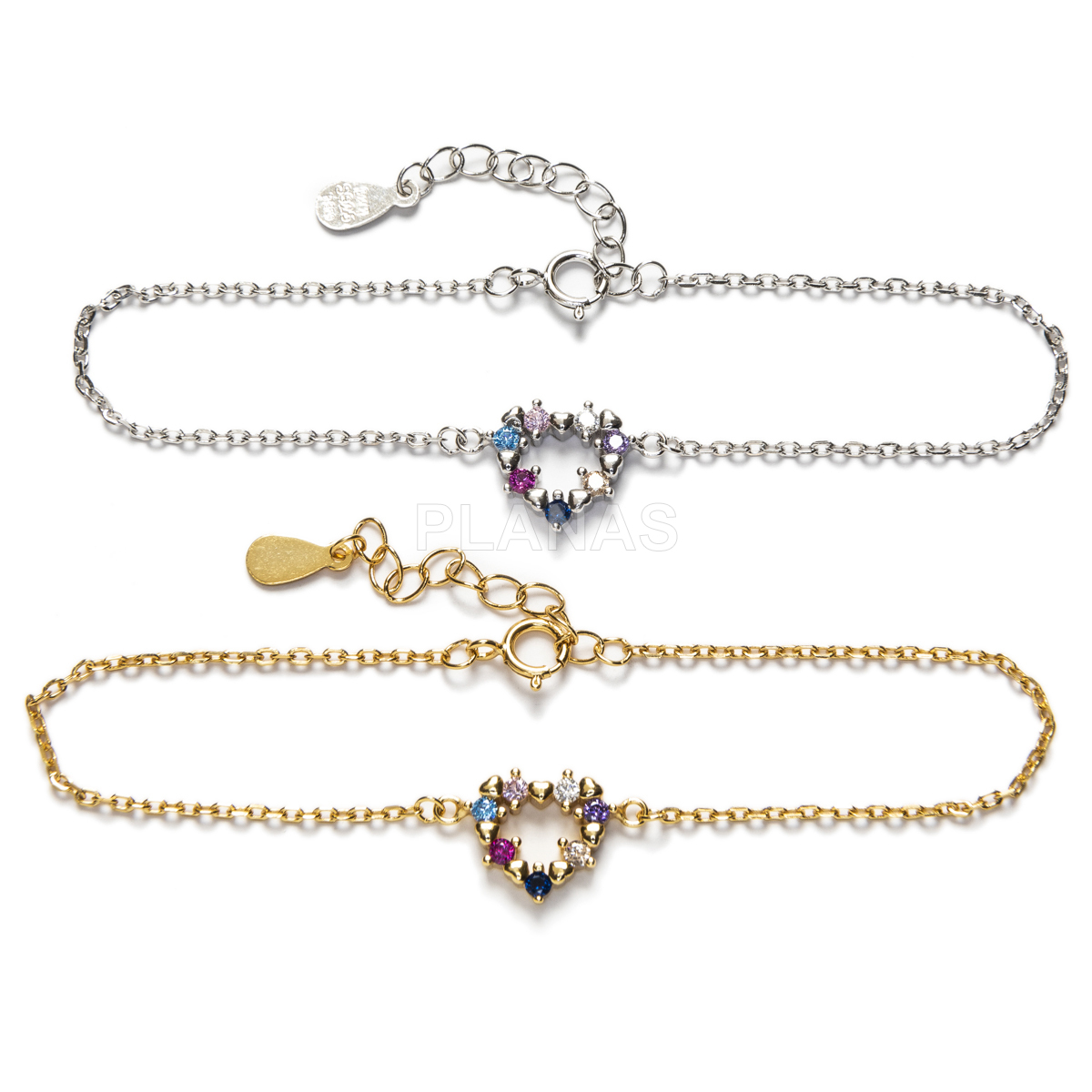 Pulsera en Plata de Ley con Circonitas de colores. CORAZÓN.