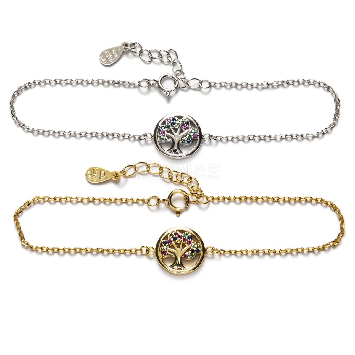 Pulsera en Plata de Ley con Circonitas de colores.  ARBOL DE LA VIDA.