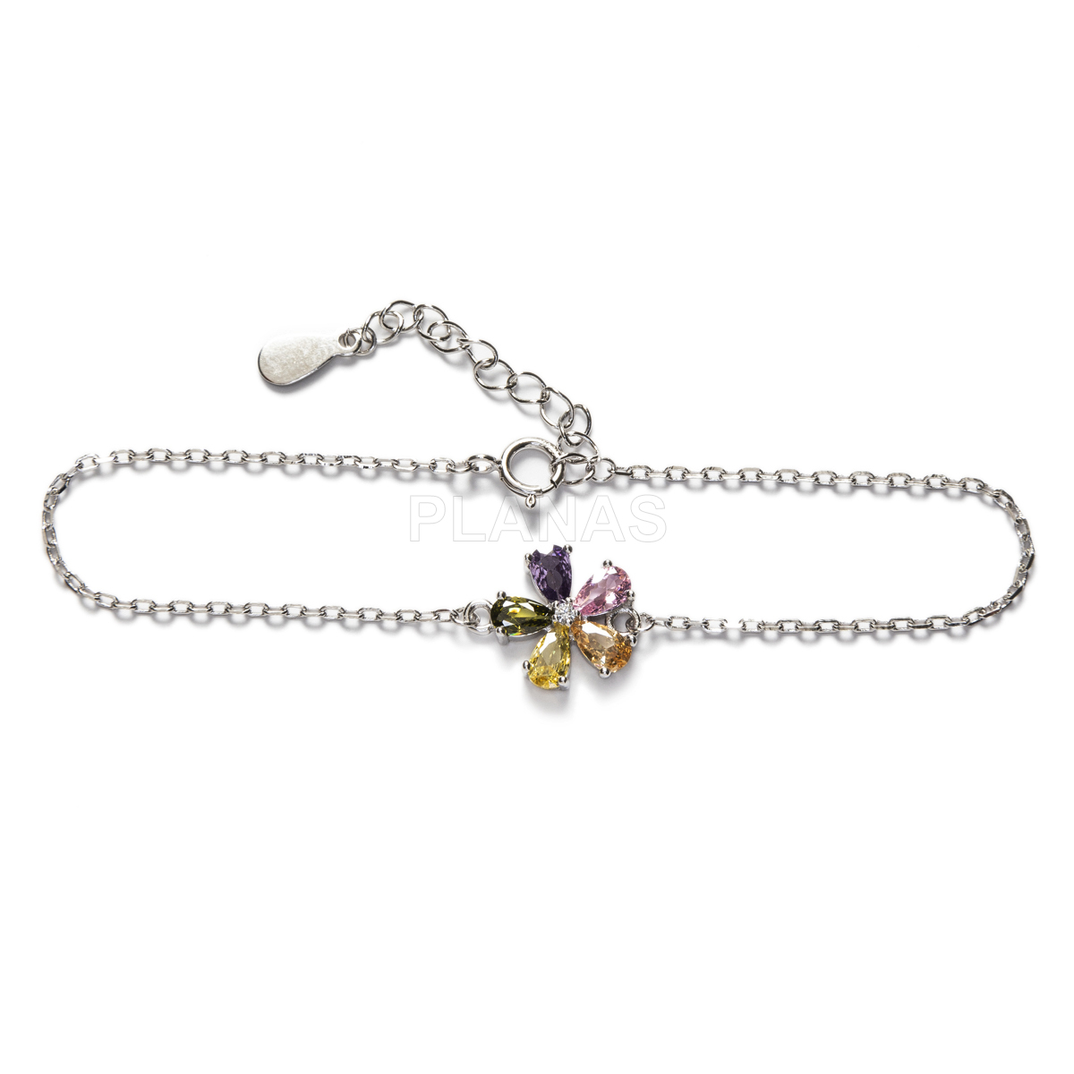Pulsera en Plata de Ley con Circonitas de colores.  FLOR.