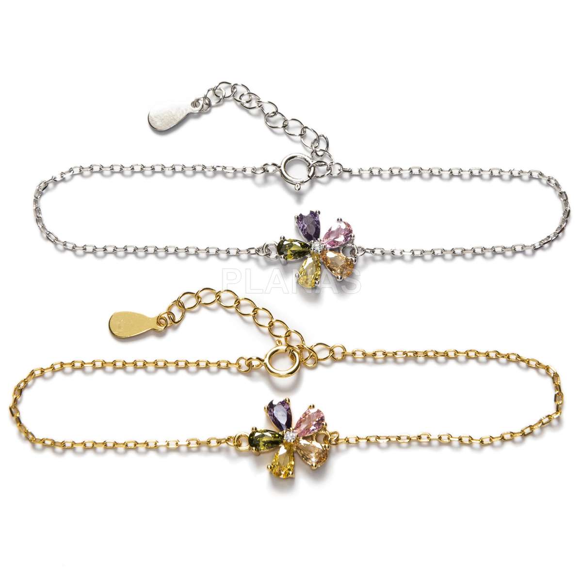 Pulsera en Plata de Ley con Circonitas de colores.  FLOR.