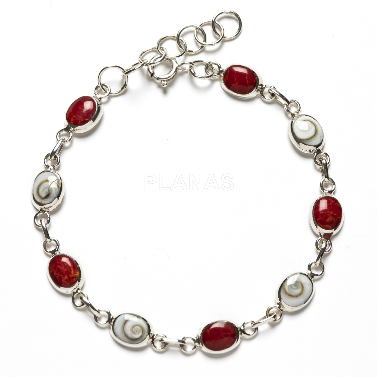 Sterling silver bracelet with coral and shiva. 