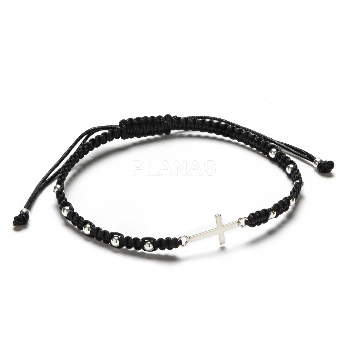 Pulsera macramé color Negro en Plata de Ley. CRUZ. 