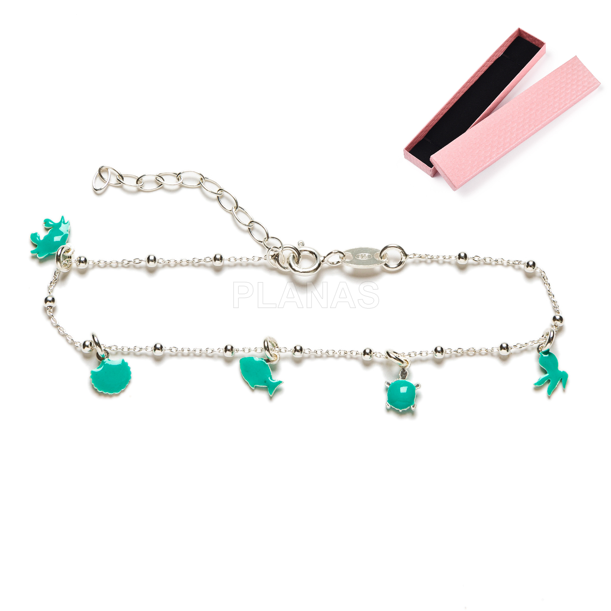 Pulseira em prata de lei e esmalte turquesa. motivos náuticos. 