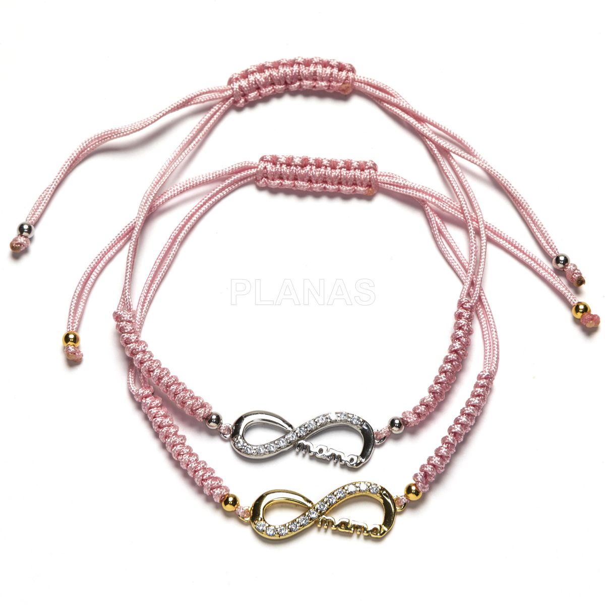 Pulseira de macramê em prata de lei em tons de rosa. infinito/mãe.