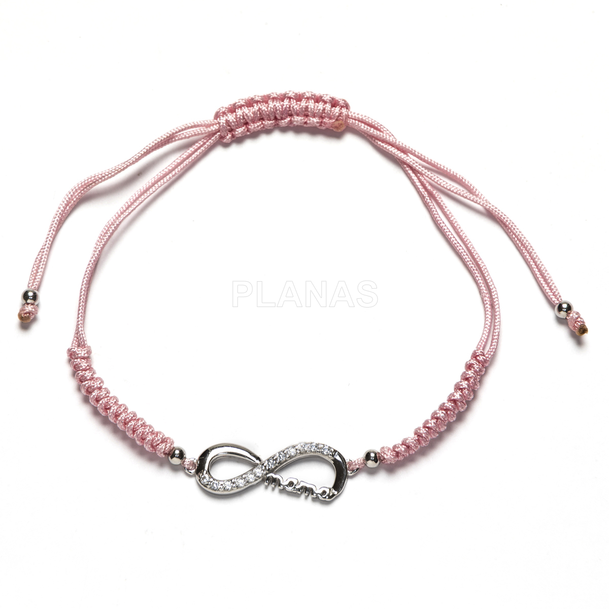 Pulseira de macramê em prata de lei em tons de rosa. infinito/mãe.