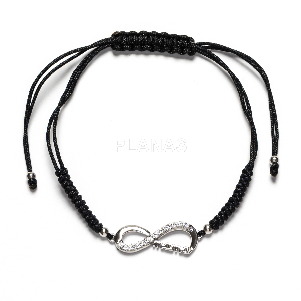 Pulseira de macramê em prata de lei preta. infinito/mãe.