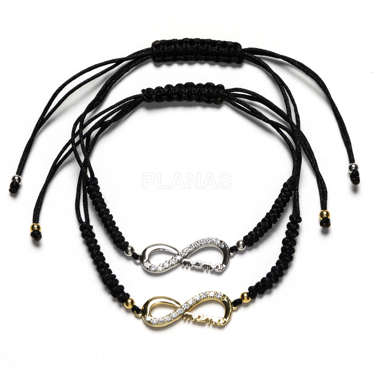 Pulseira de macramê em prata de lei preta. infinito/mãe.