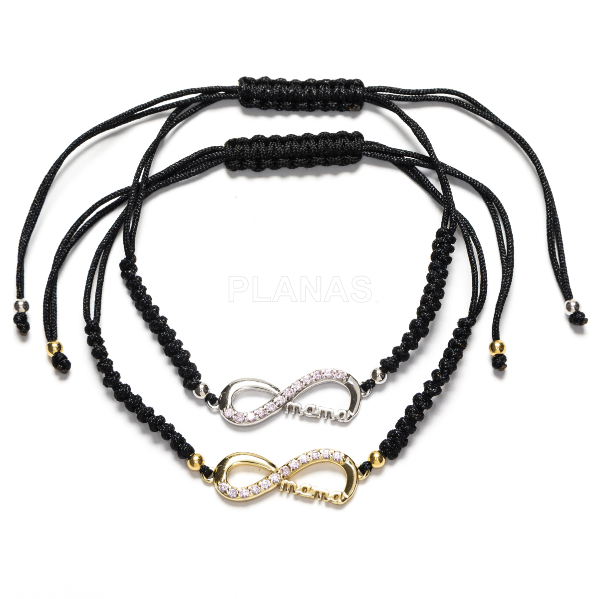 Pulseira de macramê em prata de lei preta e zircônias rosa. infinito/mãe.