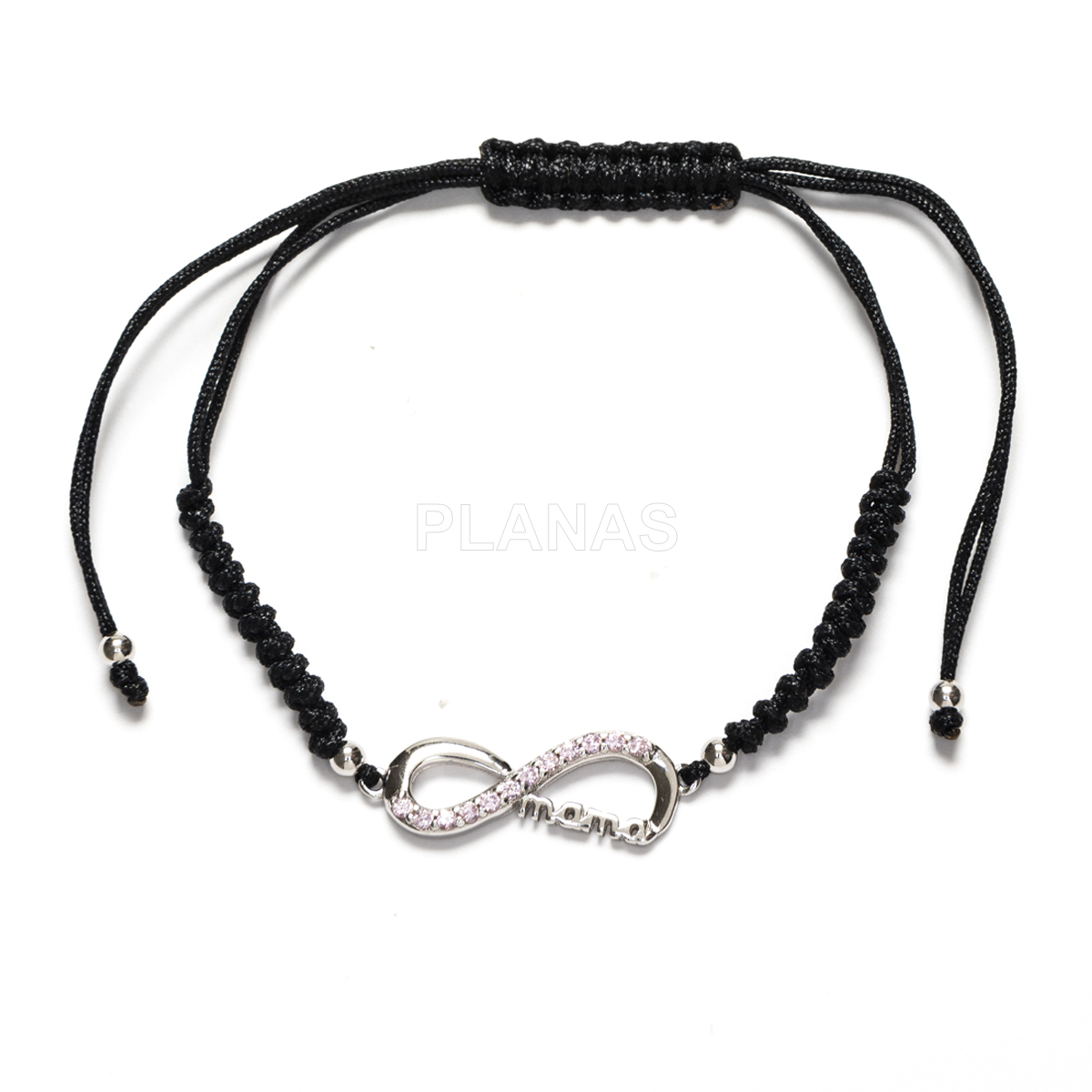 Pulseira de macramê em prata de lei preta e zircônias rosa. infinito/mãe.