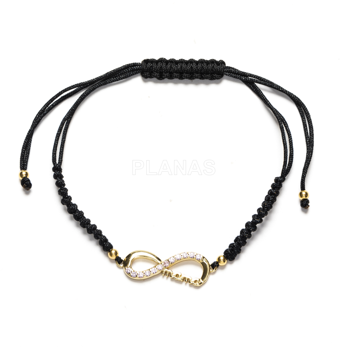 Pulseira de macramê em prata de lei preta e zircônias rosa. infinito/mãe.