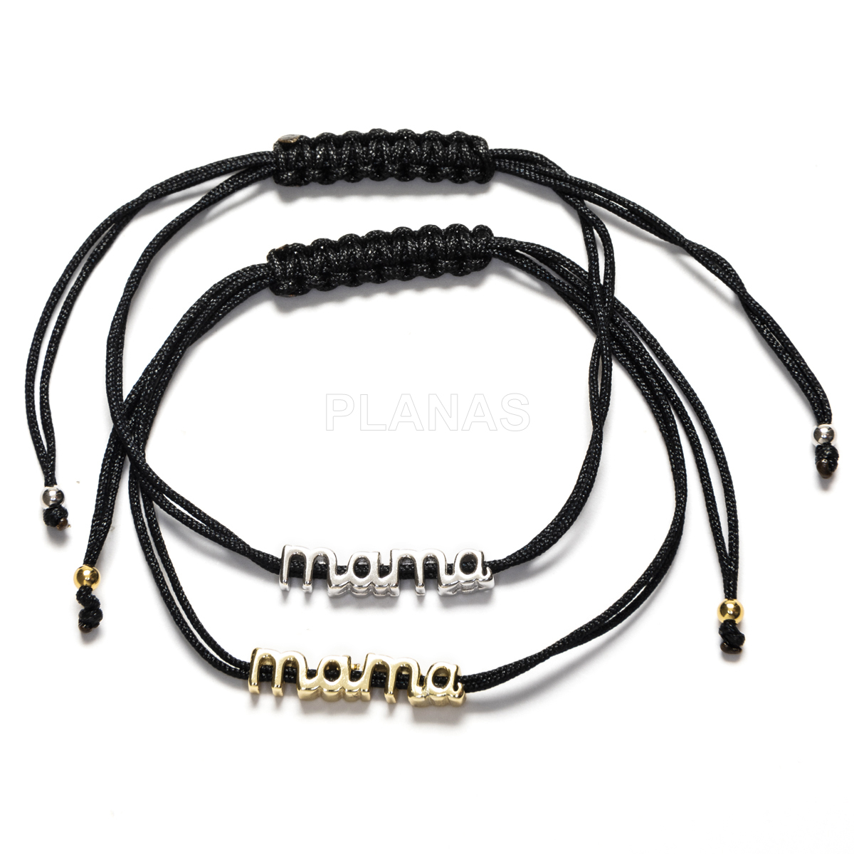 Pulseira de macramê em prata de lei e cordão preto. mamãe.