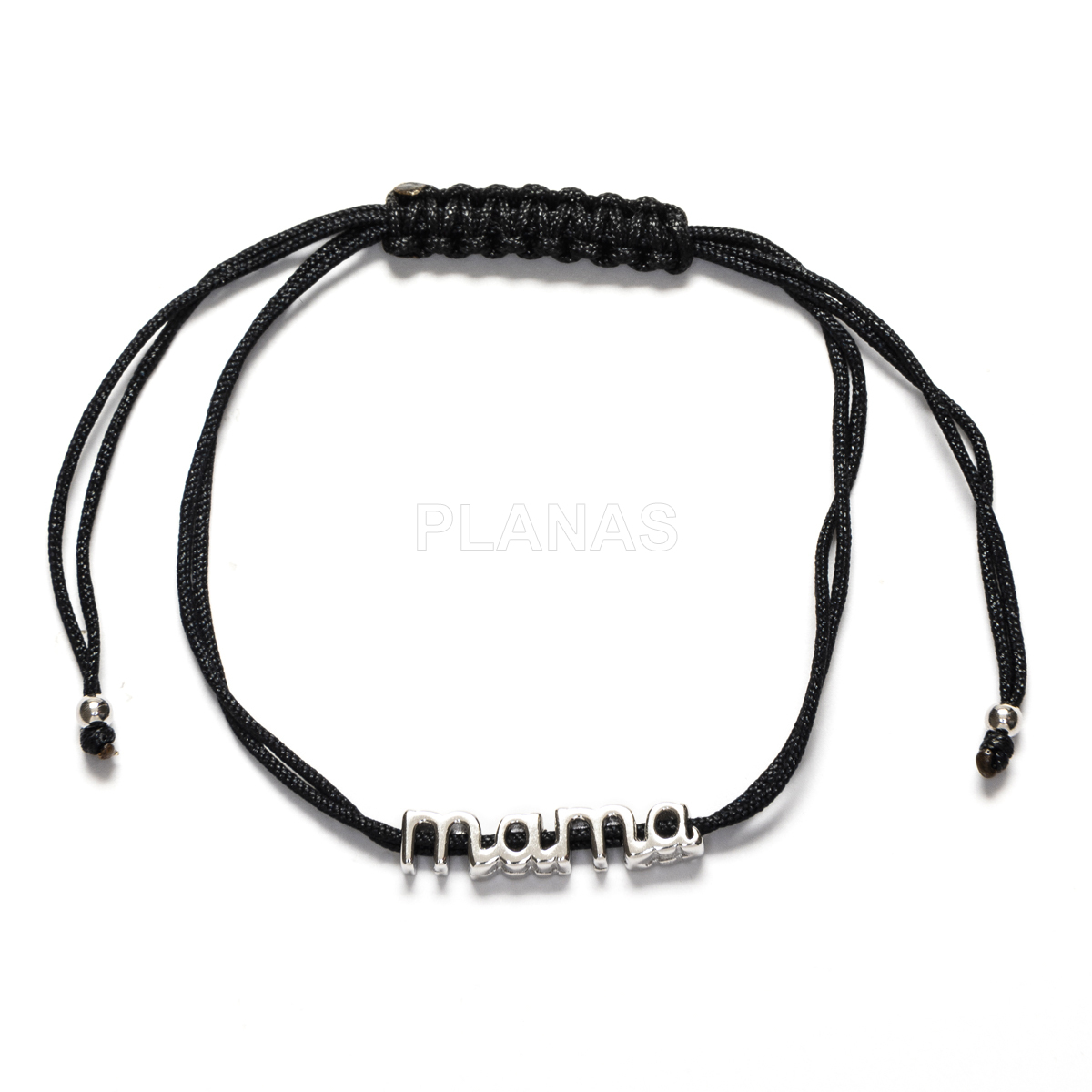Pulseira de macramê em prata de lei e cordão preto. mamãe.