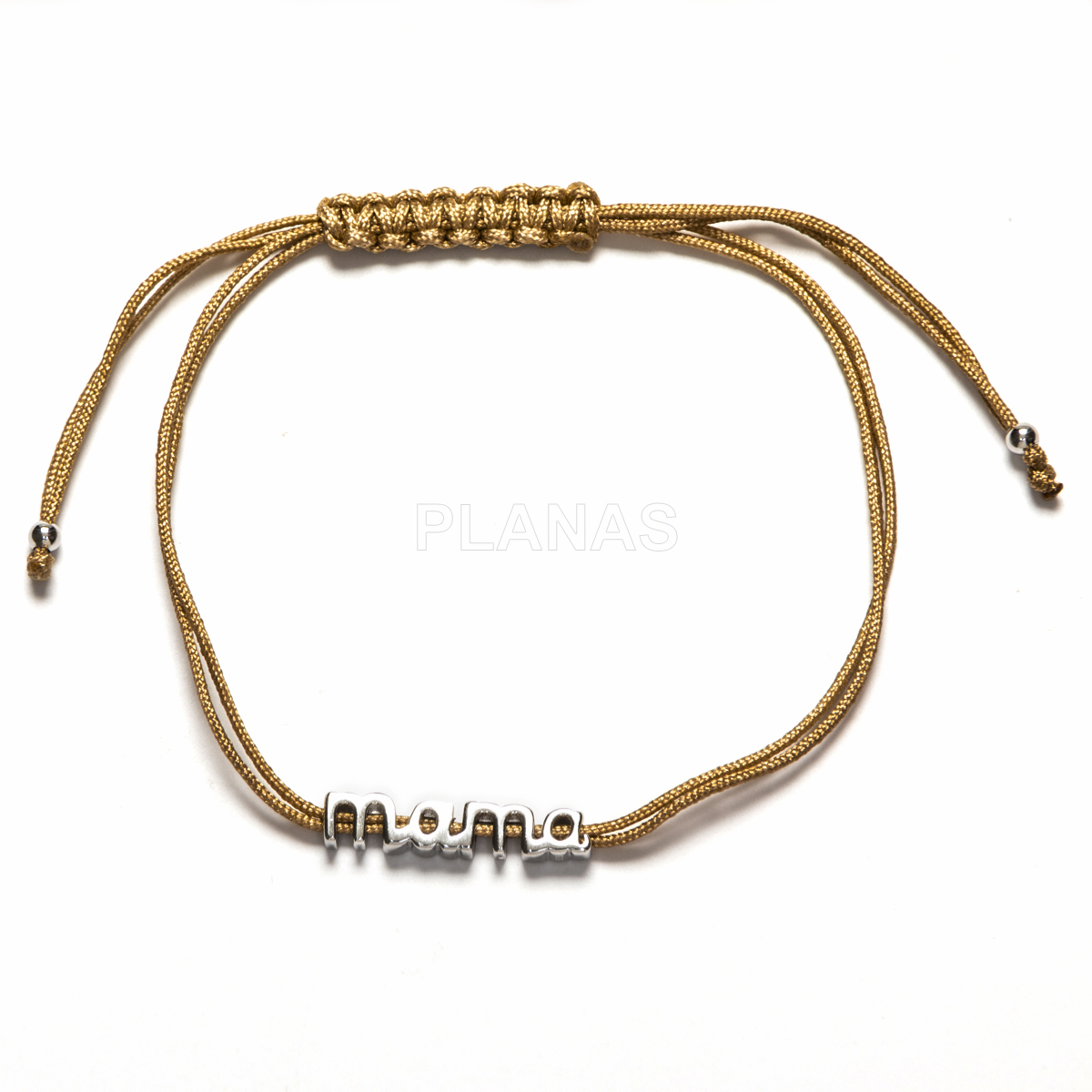 Pulseira de macramê em prata de lei e cordão bege. mamãe.