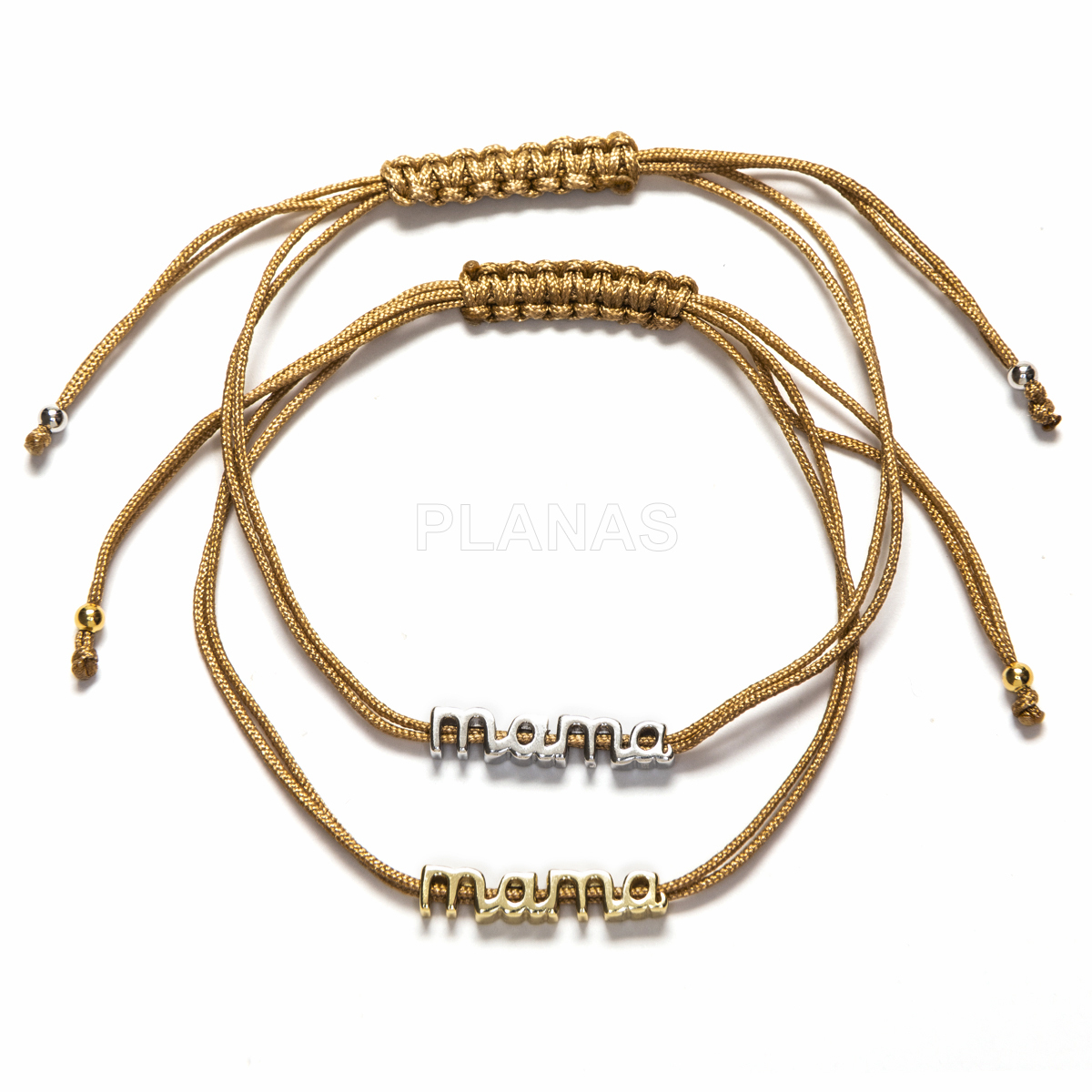 Pulseira de macramê em prata de lei e cordão bege. mamãe.