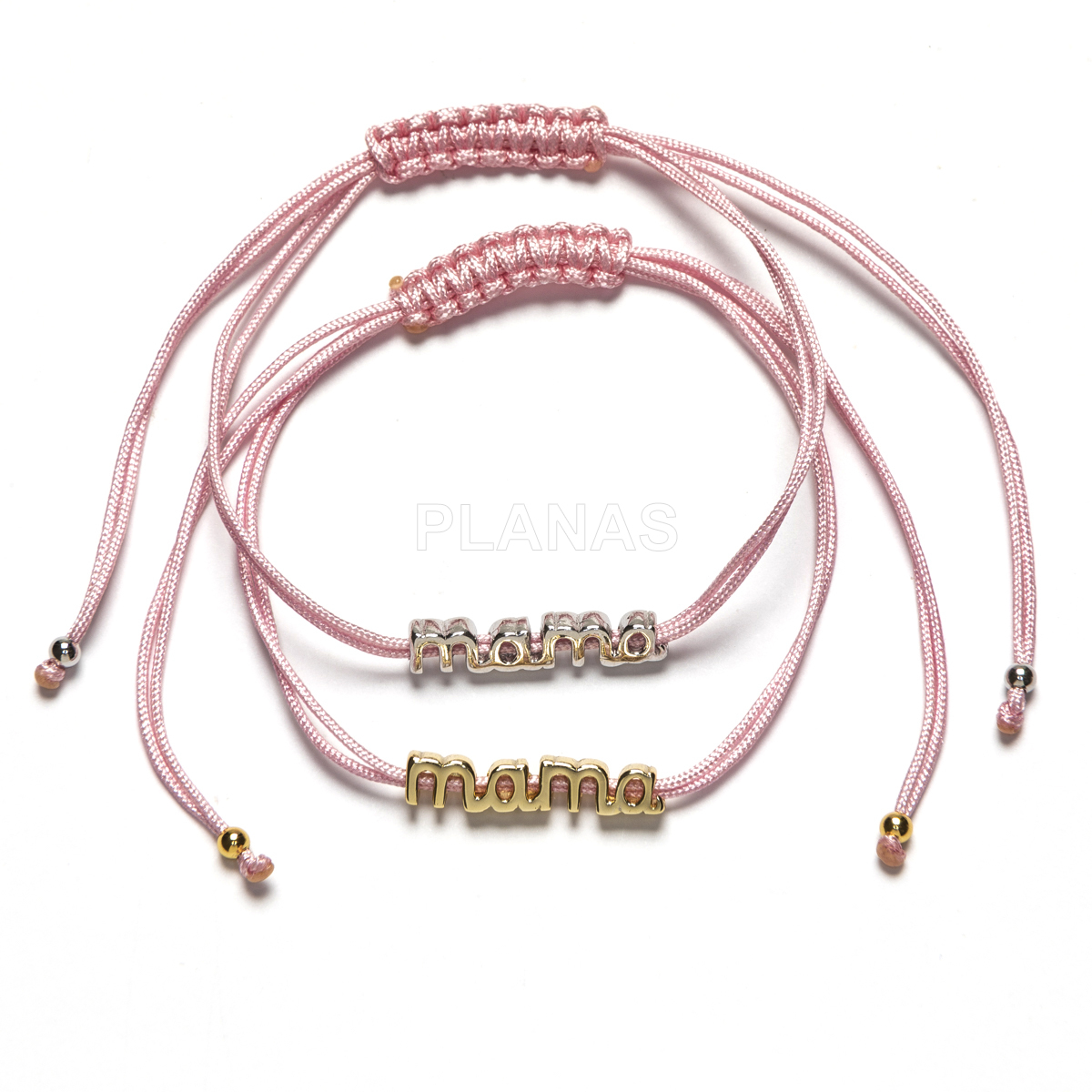 Pulseira de macramê em prata de lei e cordão rosa. mamãe.