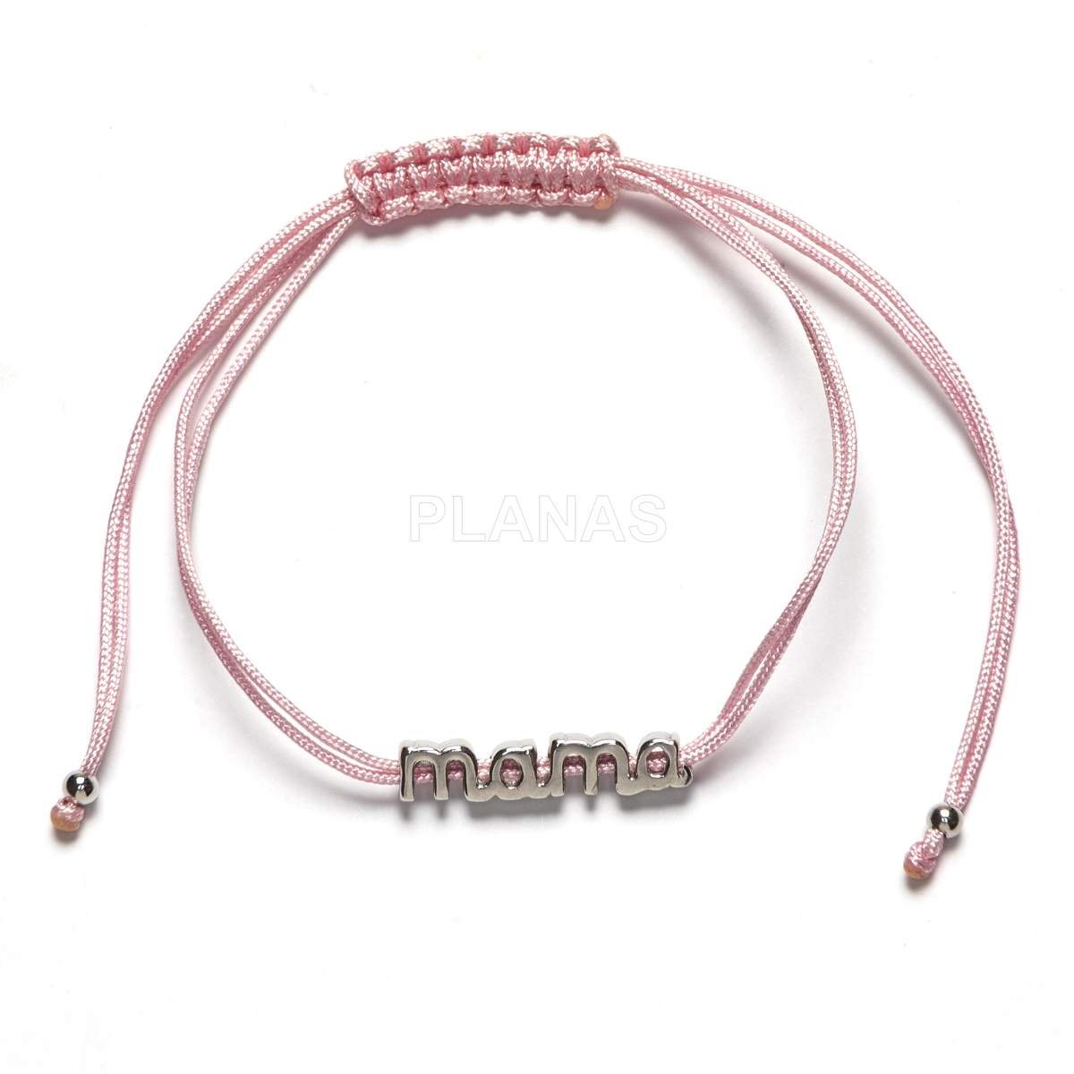 Pulseira de macramê em prata de lei e cordão rosa. mamãe.
