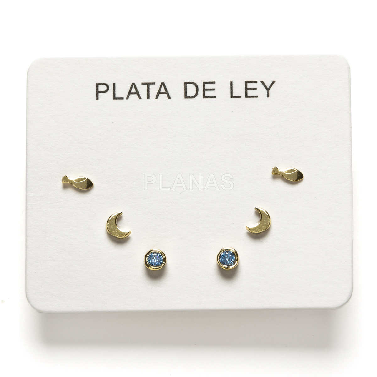 Exposição de 3 peças de brincos de prata esterlina e zircônia azul. peixe e lua. 