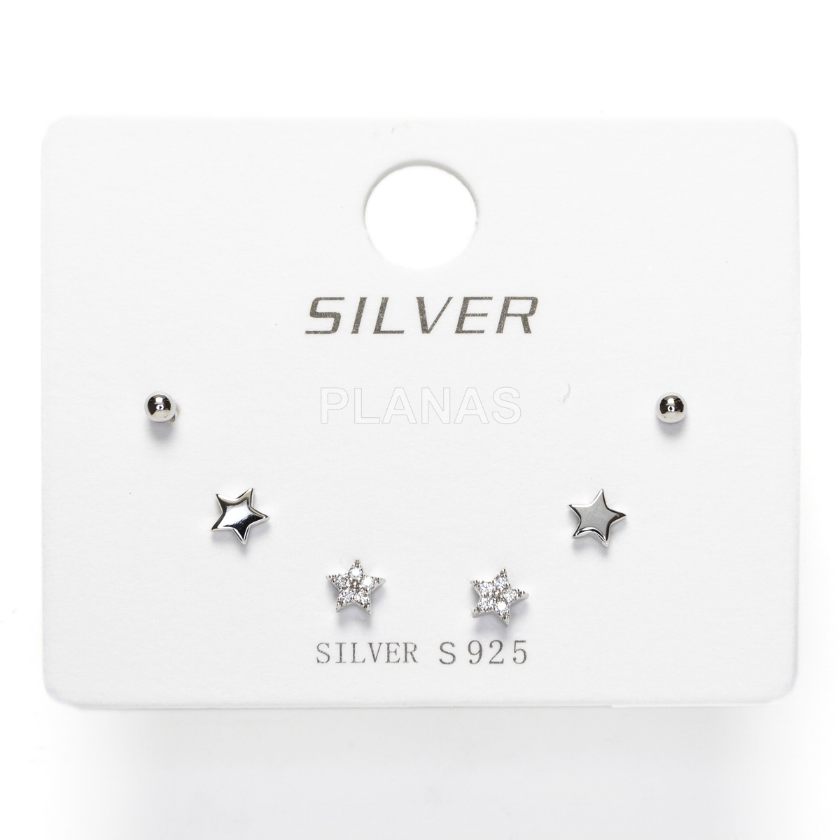 Display de 3pr de Pendientes en Plata de ley Rodiada y Circonitas. ESTRELLAS.  