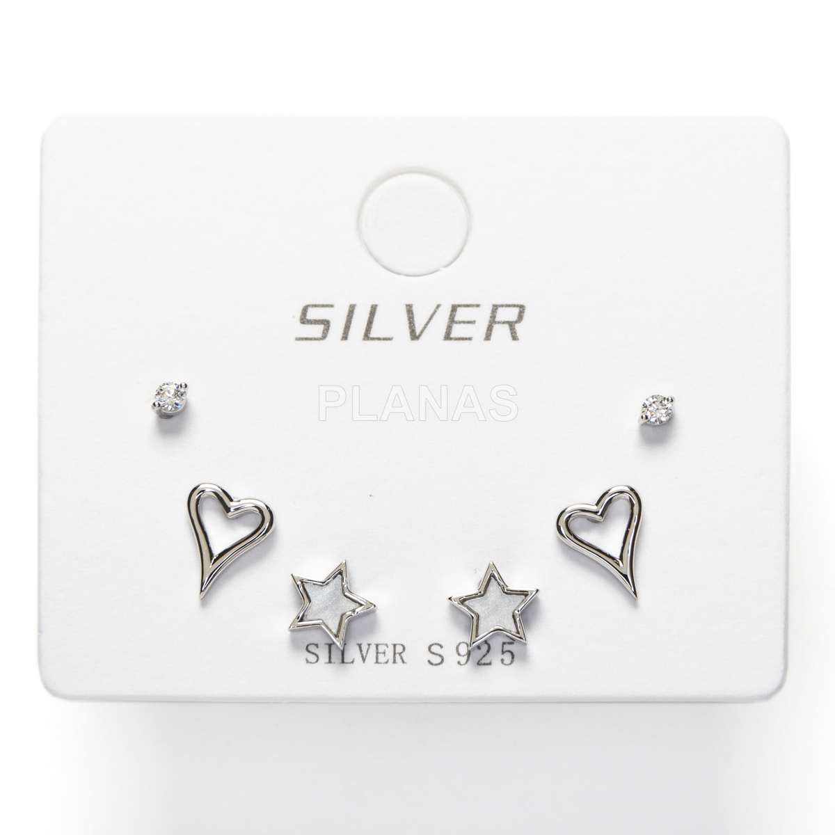 Display de 3pr de Pendientes en Plata de ley Rodiada y Circonitas. CORAZONES/ESTRELLAS.  