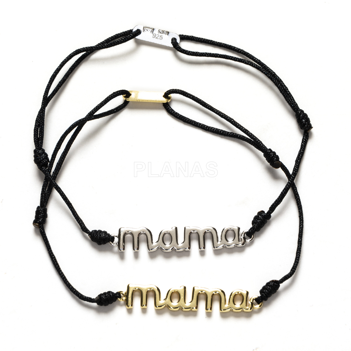 Pulsera macramé en Plata de ley y cordón en negro.MAMA.