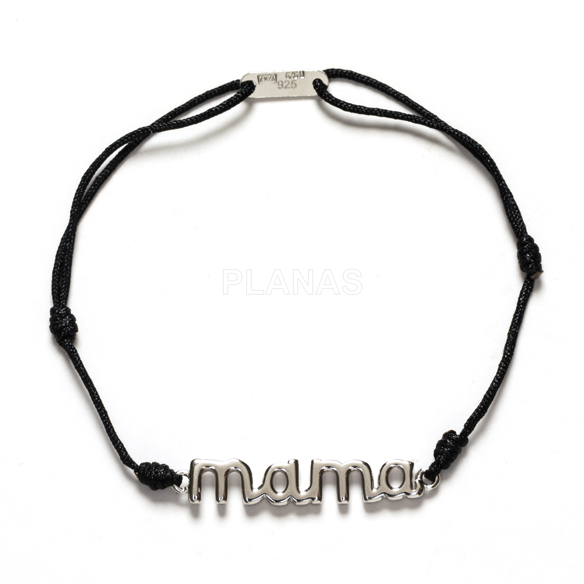 Pulsera macramé en Plata de ley y cordón en negro.MAMA.