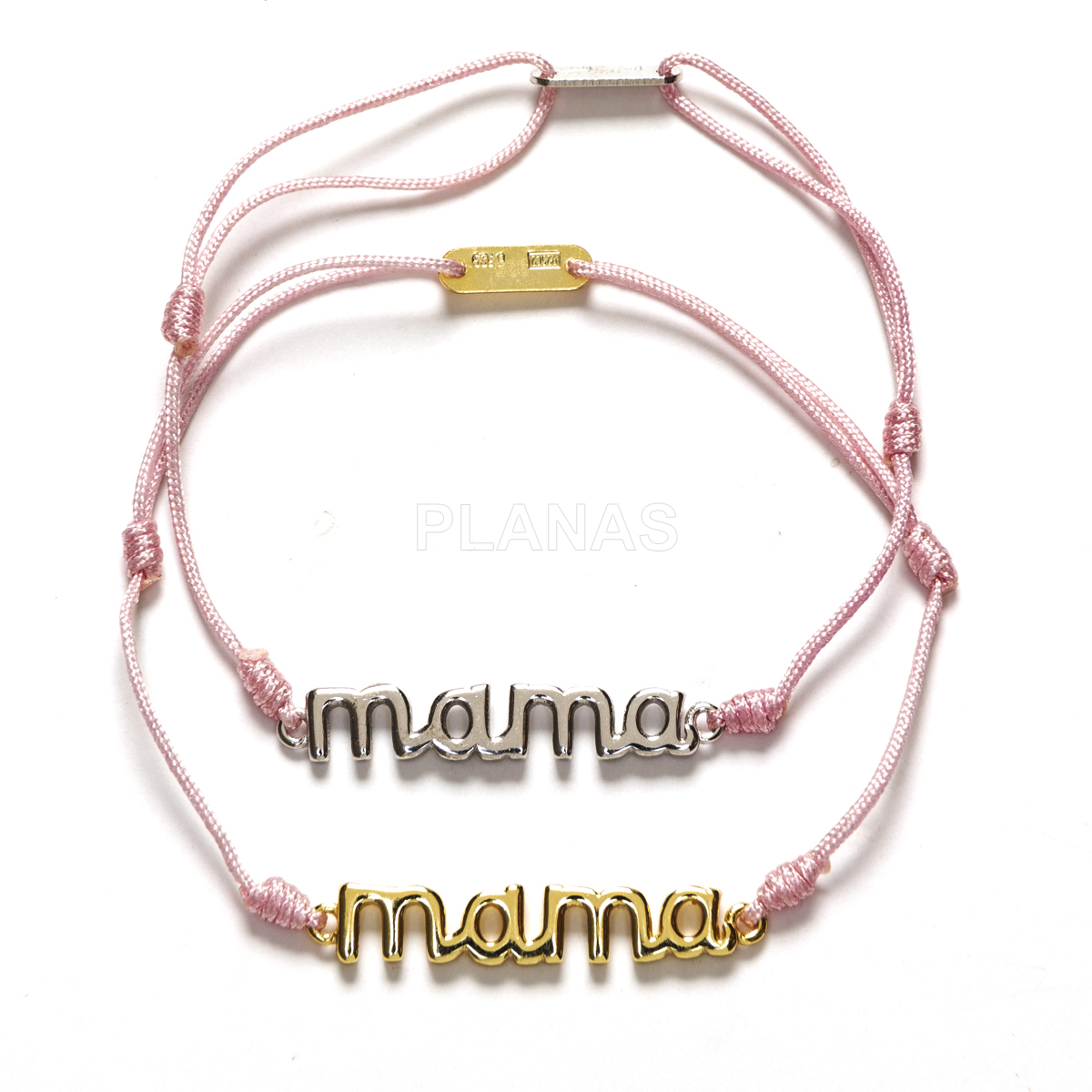 Pulseira de macramê em prata de lei e cordão rosa. mamãe.