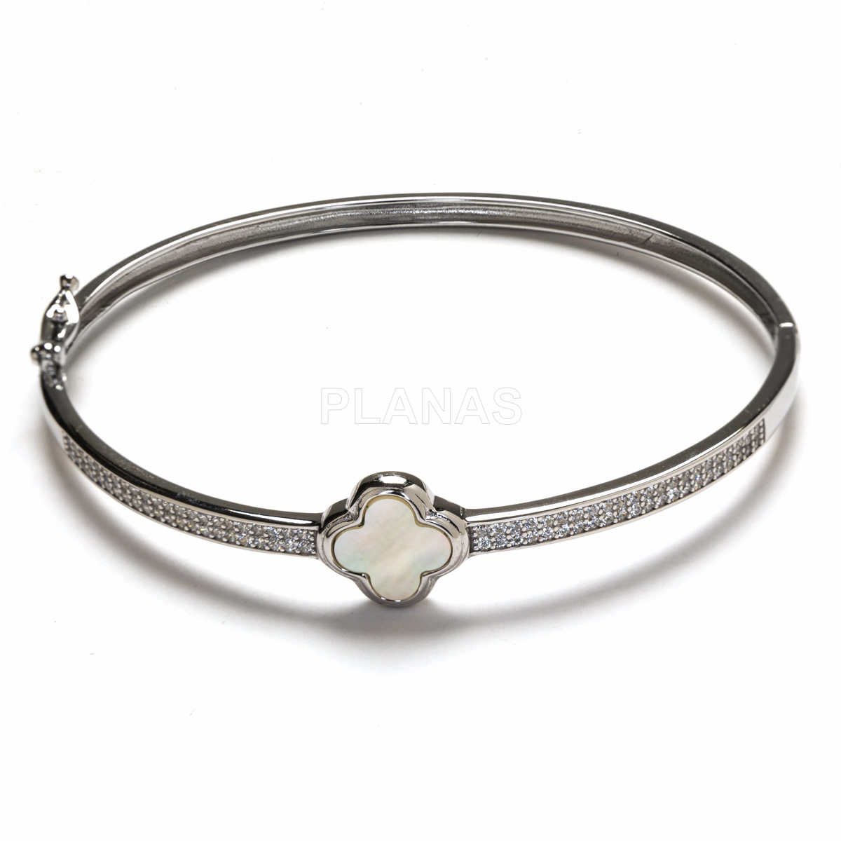 Pulseira rígida em prata de lei banhada a ródio com zircônia e madrepérola.  