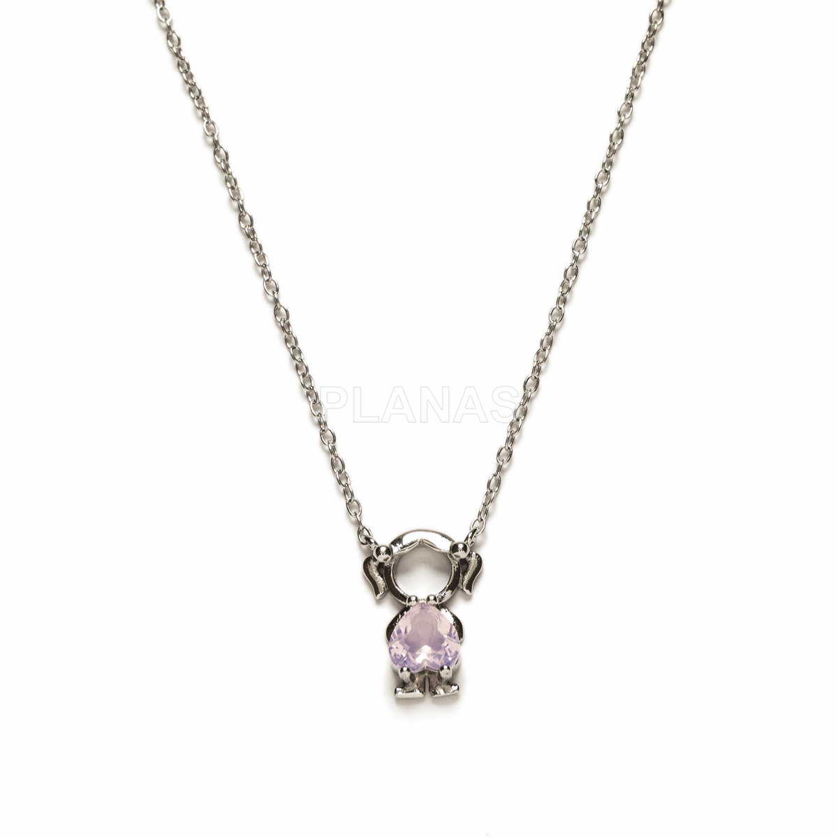 Pingente em prata de lei banhada a ródio e zircônia rosa. menina.