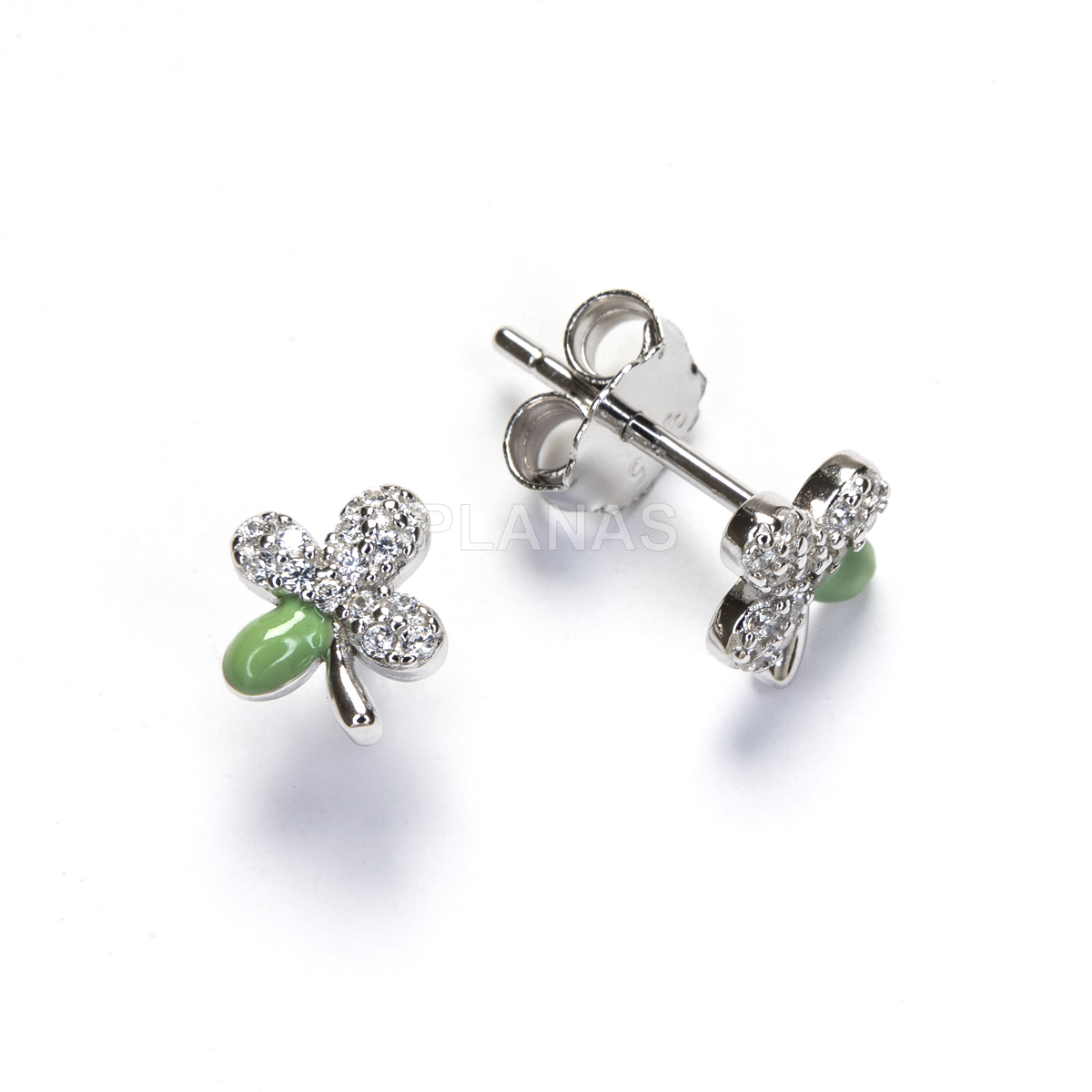 Brincos de prata esterlina banhados a ródio com zircões e esmalte verde. clover.   