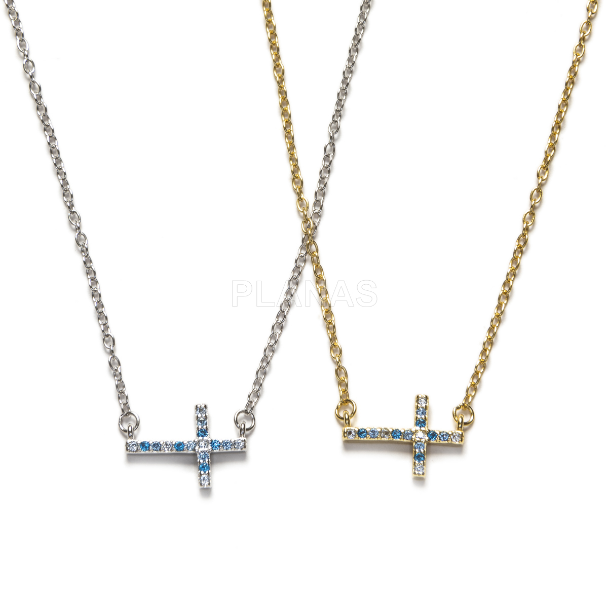 Collar en Plata de ley y Circonitas azules. CRUZ. 