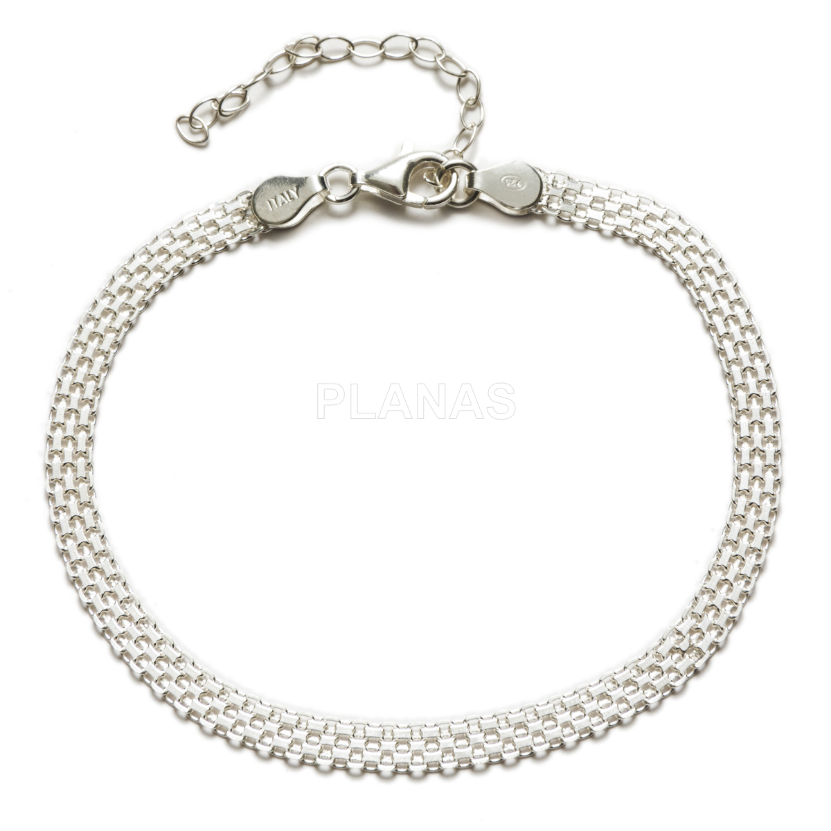 Tobillera Bismark en Plata de ley. Cordón Plano. 20+6cm.