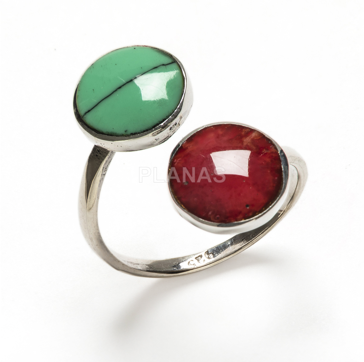 Anillo en Plata de ley con Coral y Turquesa.
