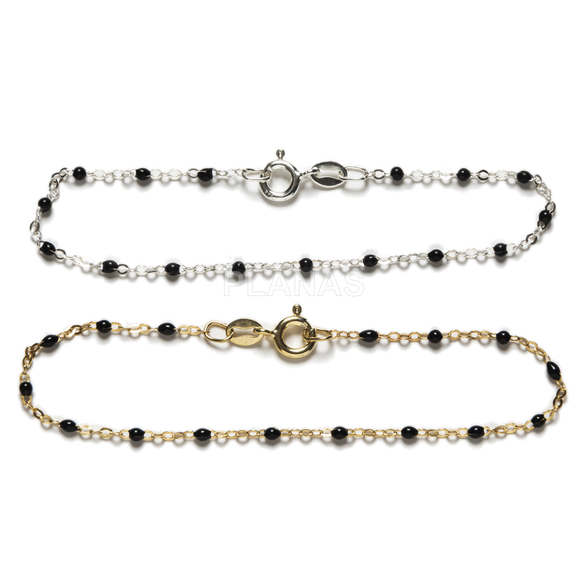 Pulsera en Plata de ley y bolitas esmaltadas negras. 