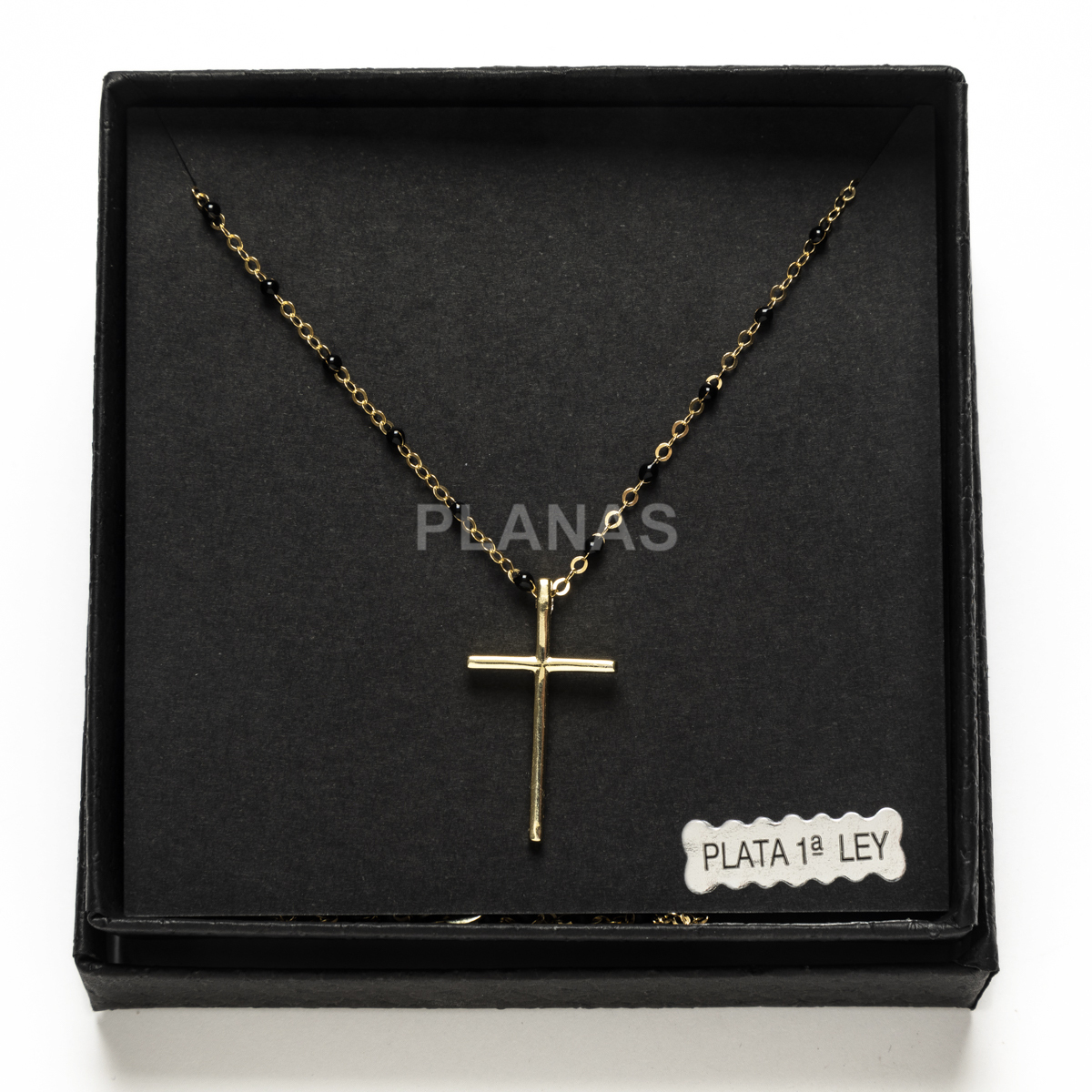 Colar em prata de lei e banhado a ouro com contas esmaltadas. cruz.