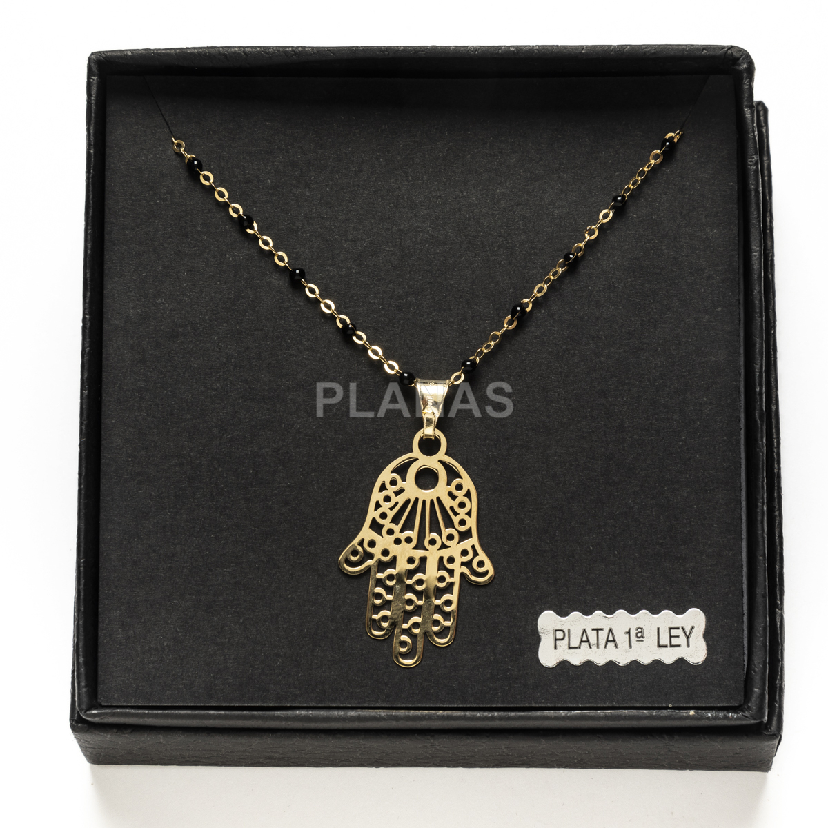 Colar em prata de lei e banhado a ouro com contas esmaltadas. mão de matima.