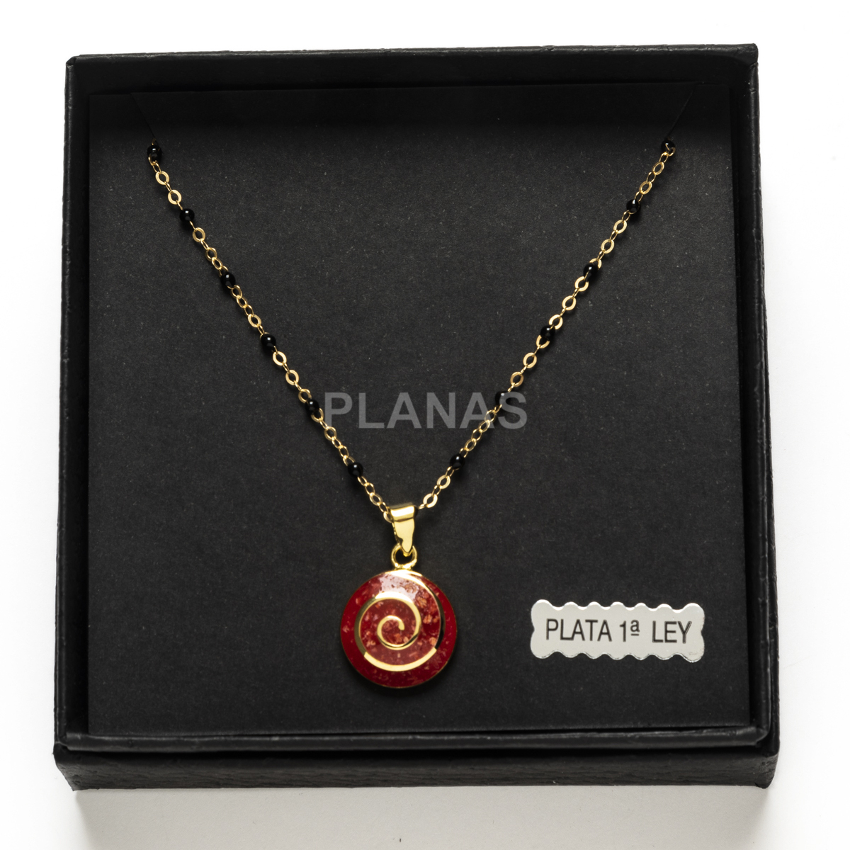 Collar en Plata de ley y Baño Oro con esmalte rojo. ESPIRAL.