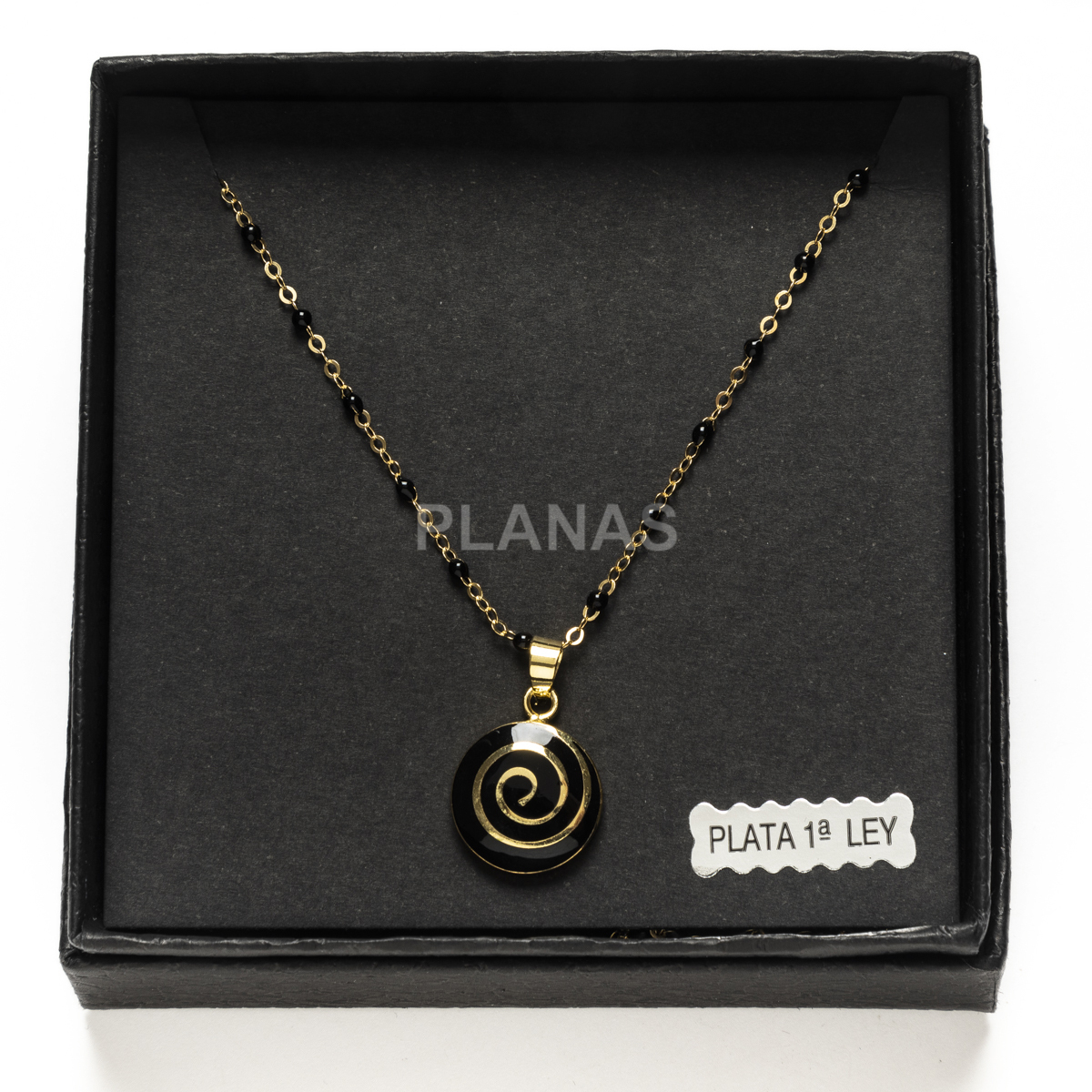 Colar em prata de lei e banhado a ouro com esmalte preto. espiral.
