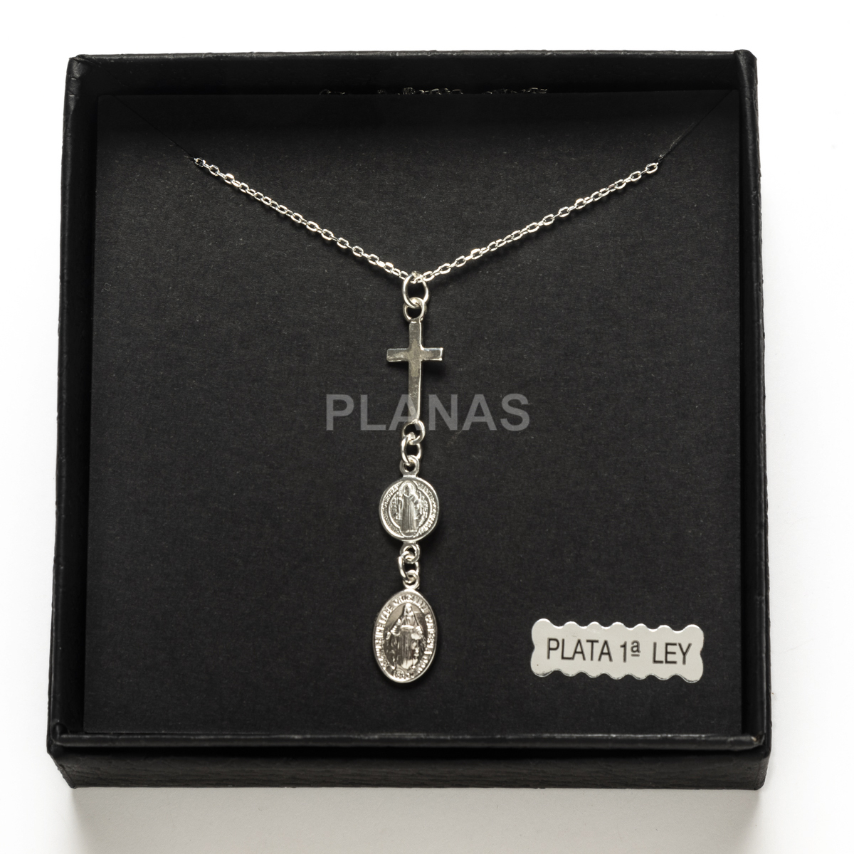 Colar em prata de lei com são bento, medalha milagrosa e cruz. tripla proteção.