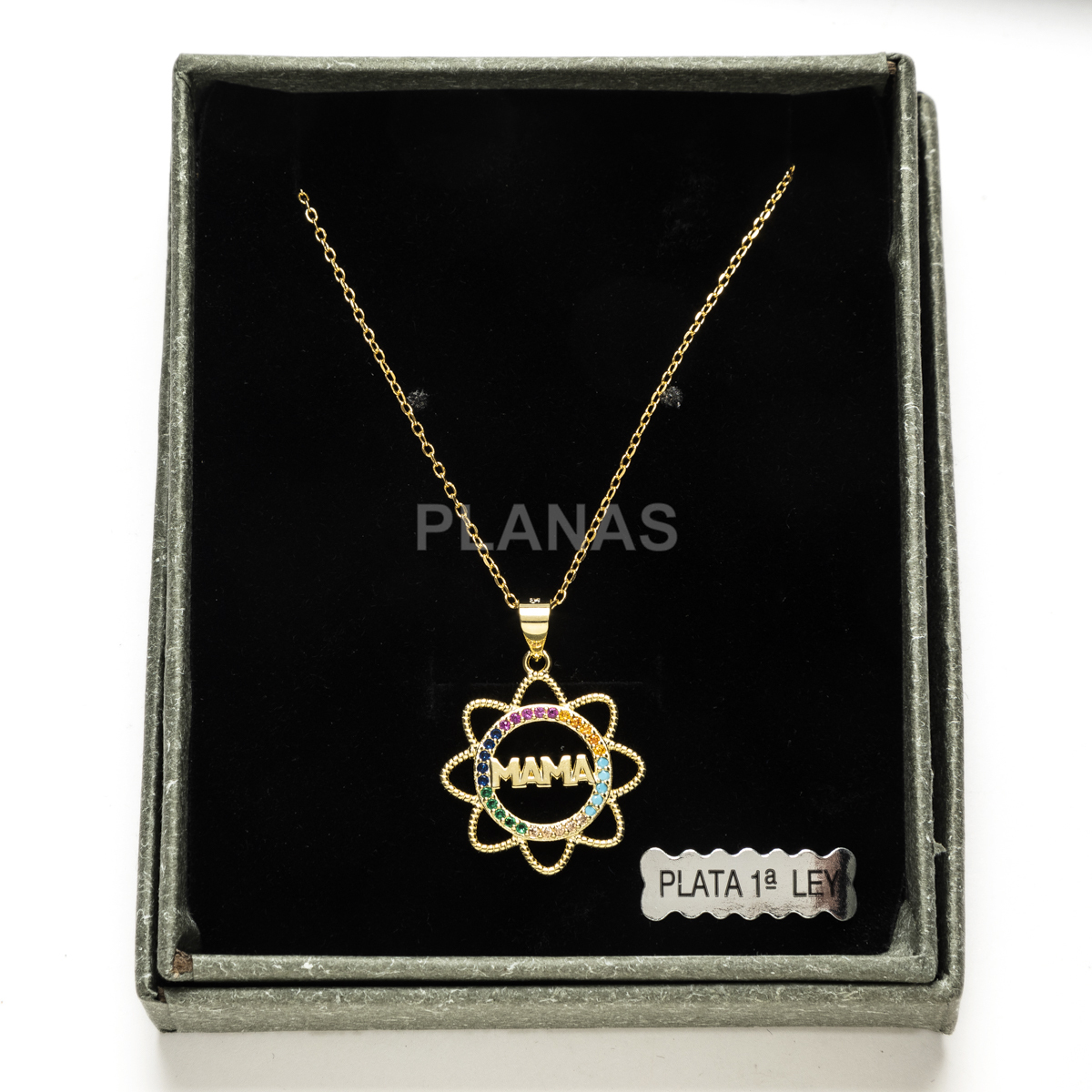 Colar em prata de lei e banhado a ouro com zircônias cúbicas coloridas. mama.