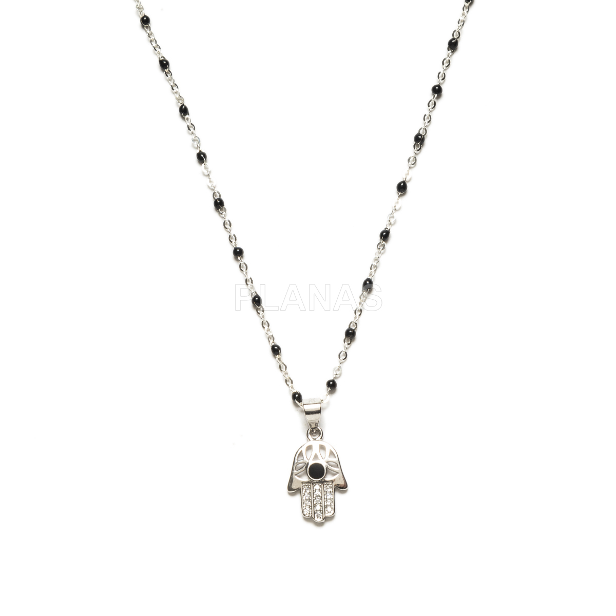 Collar en Plata de ley y bolitas esmaltadas. MANO DE FATIMA.    