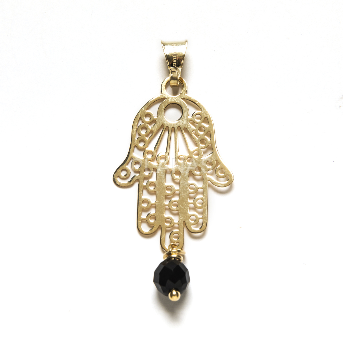 Colgante en Plata de ley y Baño Oro, Mano de Fatima y Onix. DOBLE PROTECCIÓN.