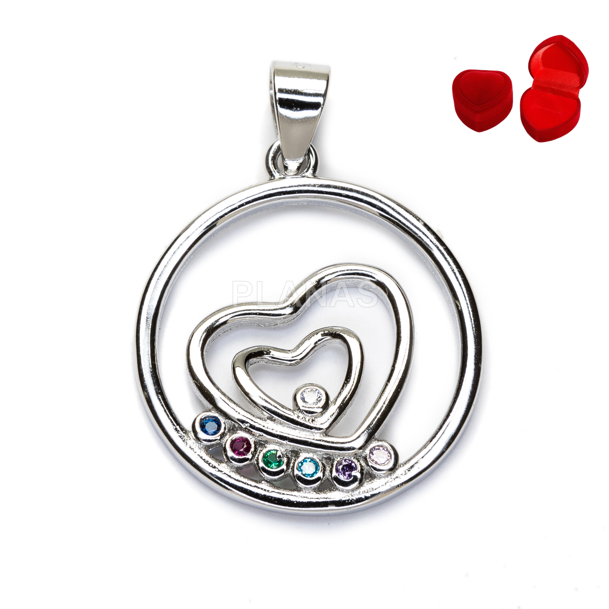 Colgante en Plata de ley y circonitas de colores. CORAZÓN.