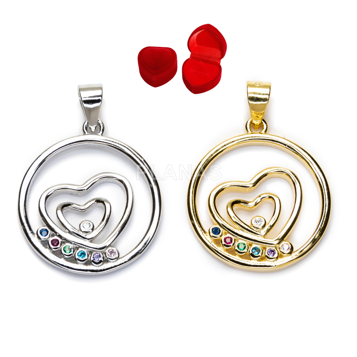 Colgante en Plata de ley y circonitas de colores. CORAZÓN.