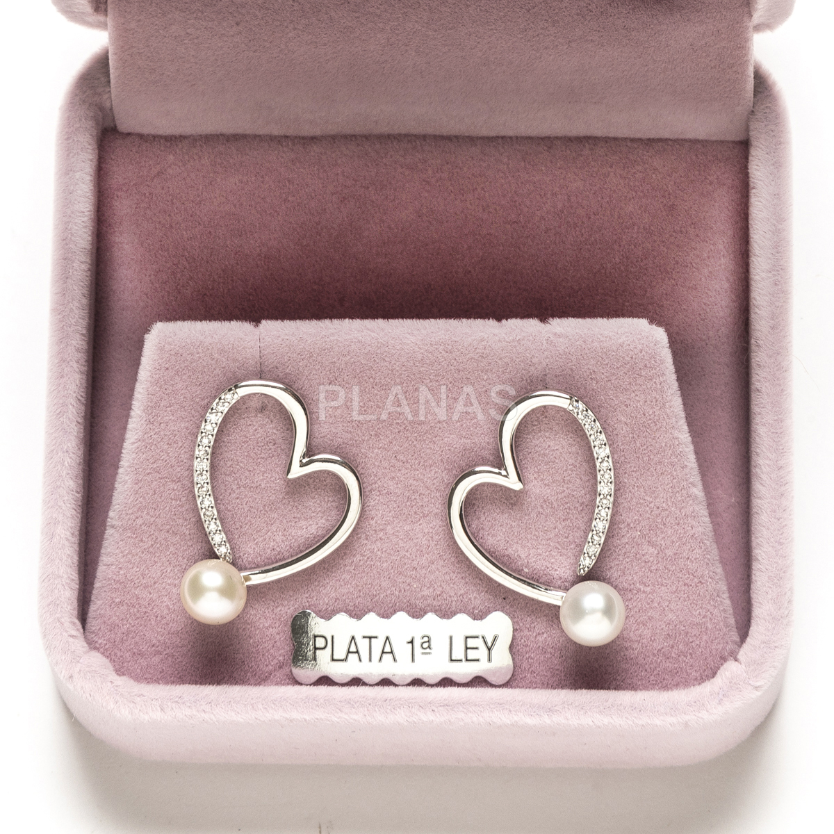 Pendientes en plata de ley rodiada con  Circonitas y perla cultivada  CORAZON.